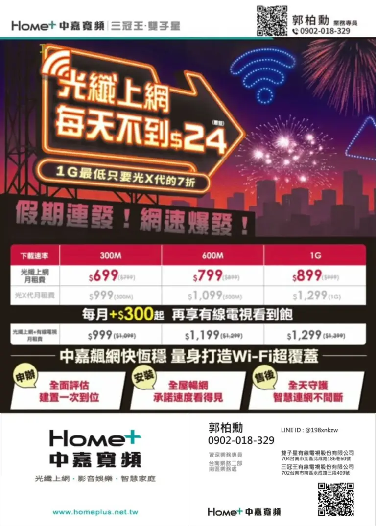 台南網路優惠來了~中嘉寬頻|雙子星光纖上網,每日最低只要$24起!