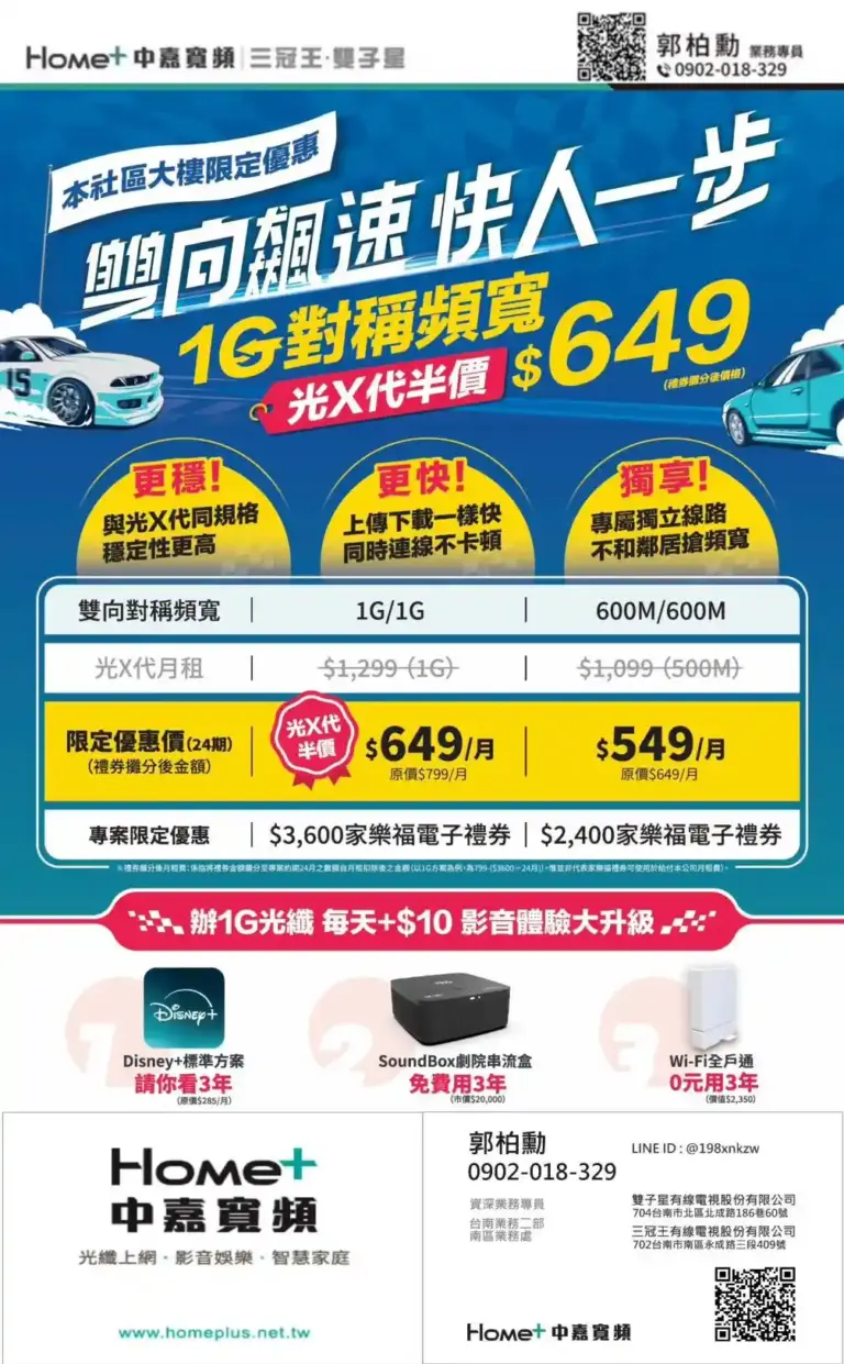 雙子星限定大樓光纖網路優惠!1G對稱頻寬每月$799,再送Disney+