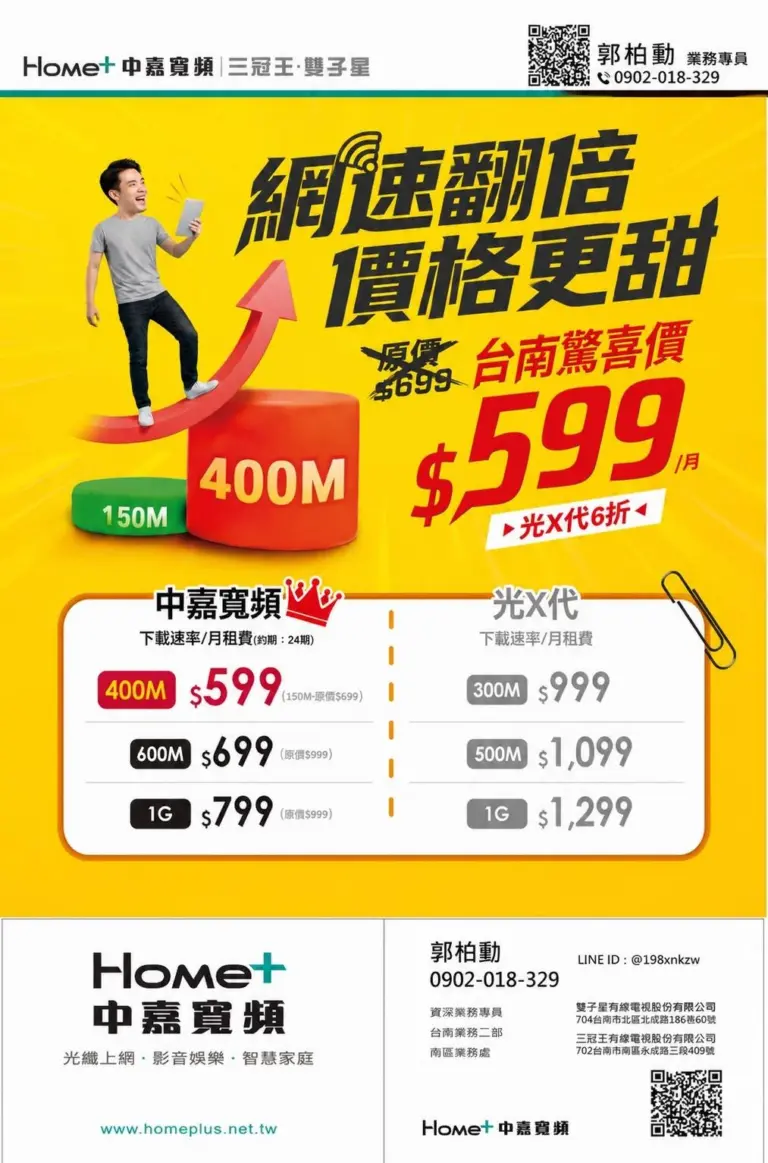 中嘉寬頻｜雙子星網路震撼優惠！400M 飆速方案限時 $599 起